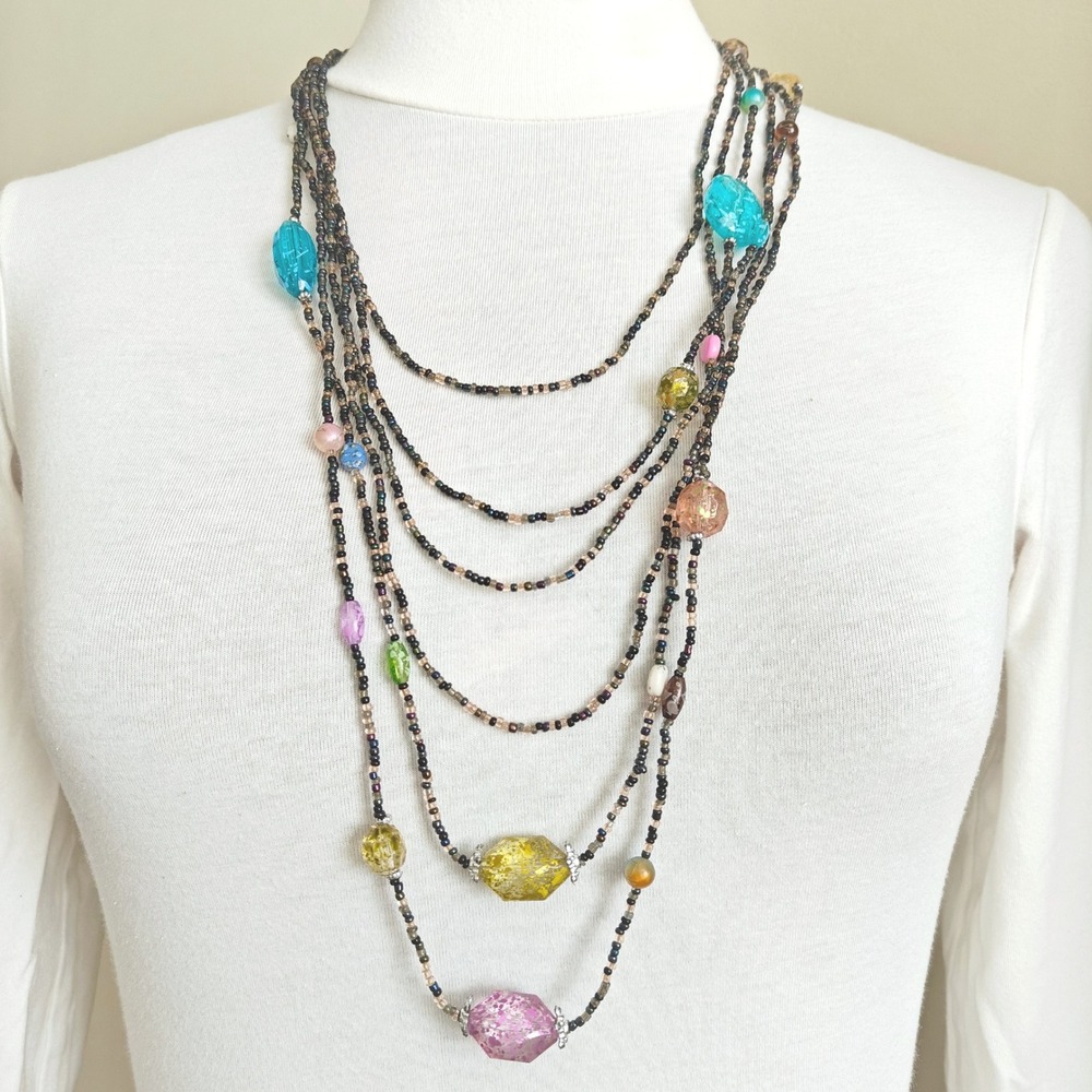 Multicolor Multi Strand Beaded Layered Necklace Boho Seed Bead Statement Long